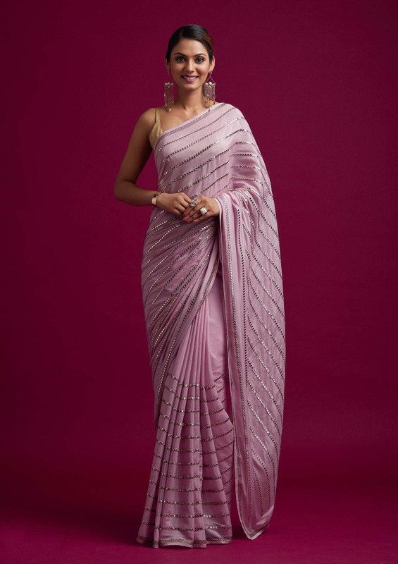 Embroidered, Striped Bollywood Silk Blend Saree  (Pink)