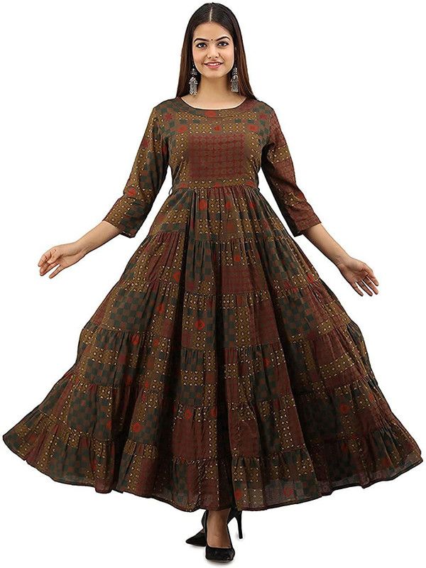 Women Printed Viscose Rayon Anarkali Kurta  (Brown)