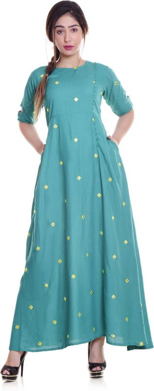 Women Embroidered Cotton Blend Flared Kurta  (Light Blue)