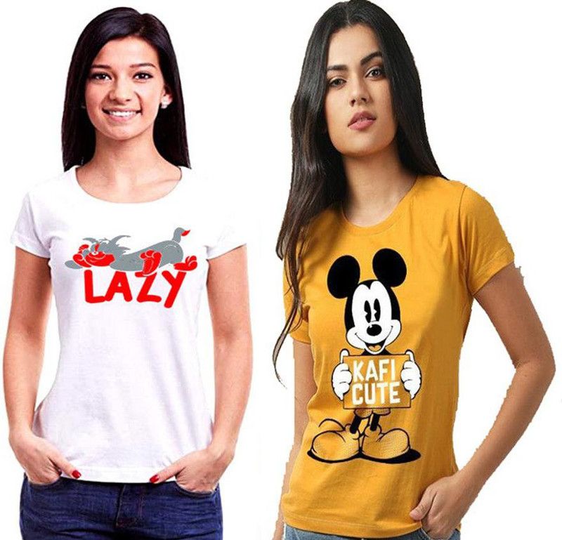 Pack of 2 Women Graphic Print Round Neck Cotton Blend White, Yellow T-Shirt