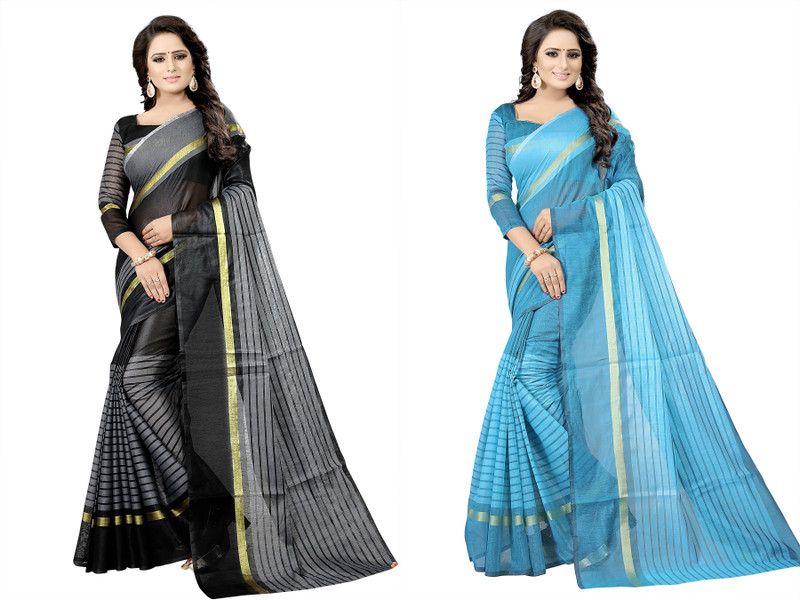 Daily Wear Cotton Silk Saree  (Pack of 2, Blue, Black)