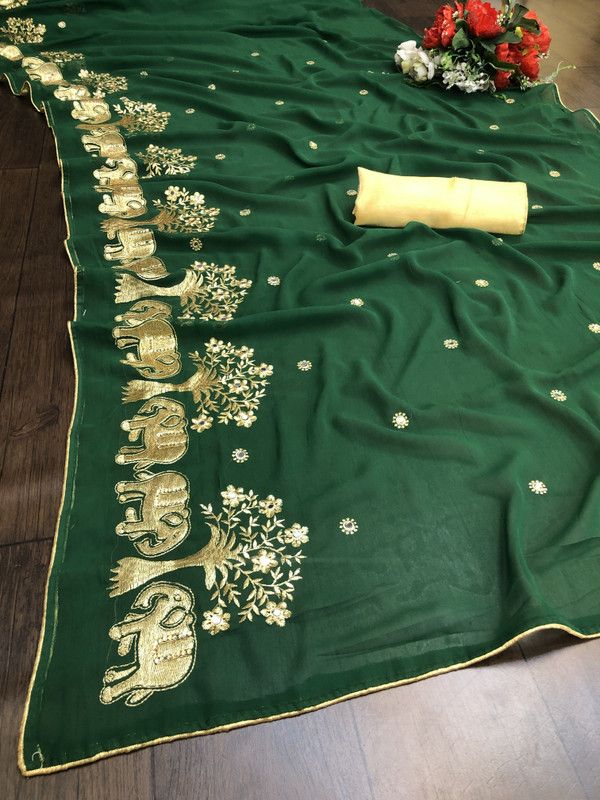 Embroidered Banarasi Georgette Saree  (Green)
