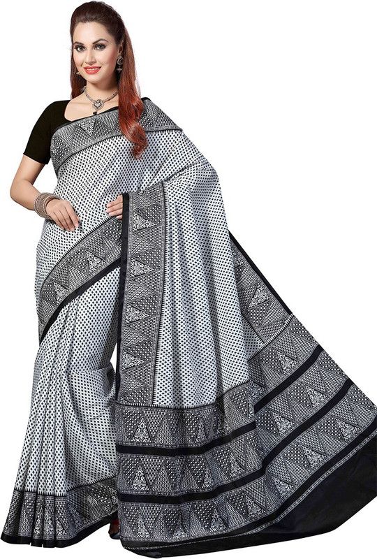 Printed Bollywood Art Silk Saree  (White, Black)