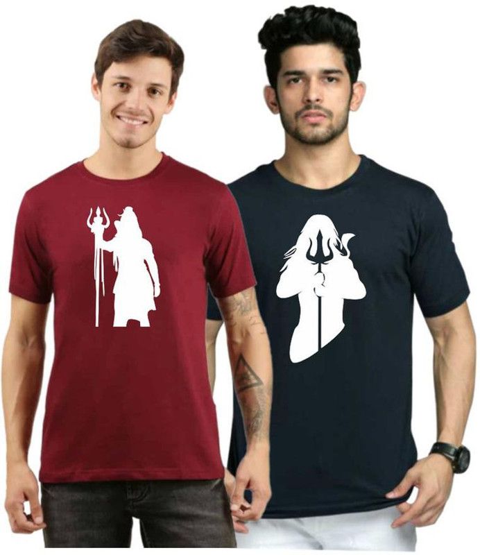 Pack of 2 Men Printed Round Neck Cotton Blend Dark Blue, Maroon T-Shirt