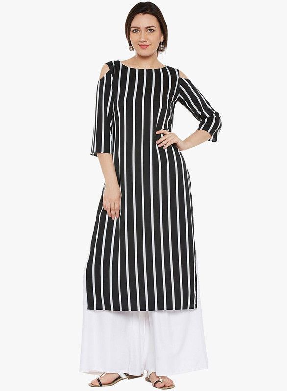 Women Striped Crepe Straight Kurta  (Black)