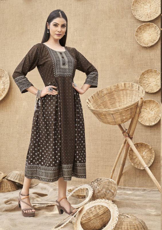 Women Self Design Viscose Rayon Anarkali Kurta  (Brown)