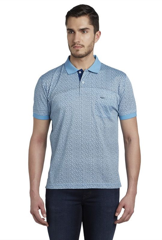 Men Printed Polo Neck Pure Cotton Light Blue T-Shirt