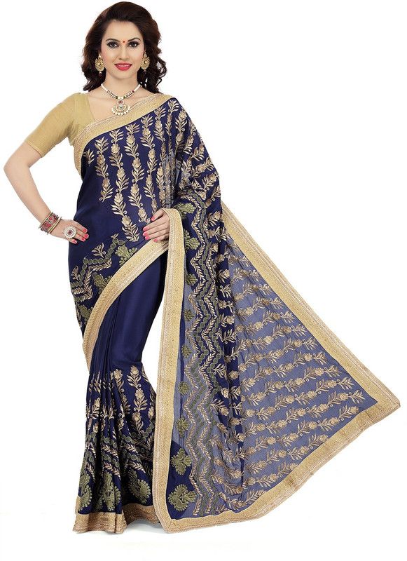 Embellished Bollywood Cotton Blend Saree  (Blue)