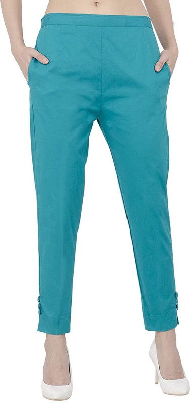 Women Slim Fit Light Green Cotton Blend Trousers