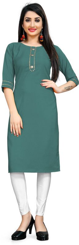 Women Solid Crepe Straight Kurta  (Green)