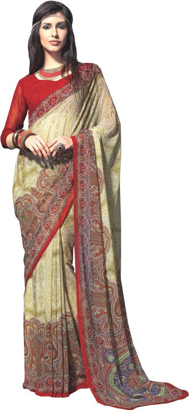 Printed Daily Wear Handloom Georgette Saree  (Beige)
