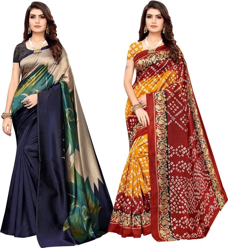 Printed, Geometric Print, Floral Print Bandhani Silk Blend Saree  (Pack of 2, Dark Blue, Red)