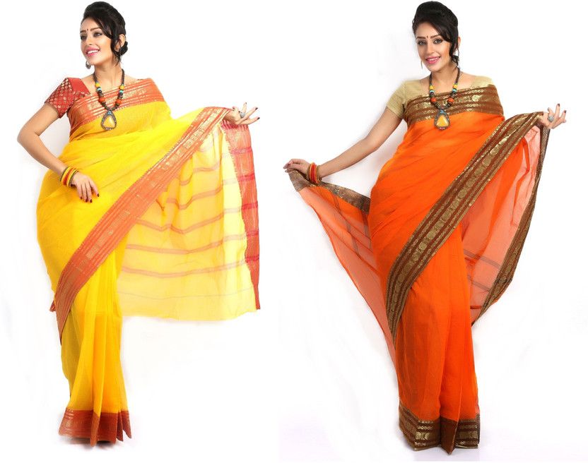 Woven Tant Handloom Cotton Blend Saree  (Pack of 2, Orange, Yellow)