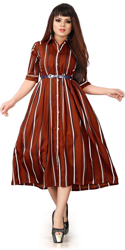 Women Striped Crepe Flared Kurta  (Brown)