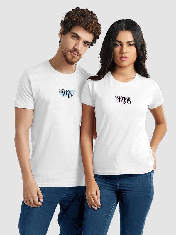 Pack of 2 Couple Typography Round Neck Pure Cotton White T-Shirt