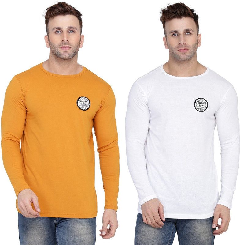 Pack of 2 Men Solid Round Neck Cotton Blend Gold, White T-Shirt