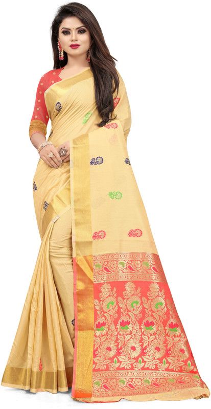 Self Design Madhubani Cotton Linen Saree  (Beige)