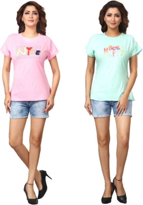 Pack of 2 Pack of 2 Solid Women Round Neck Pink, Red T-shirt Women Printed Round Neck Pure Cotton Light Blue, Pink T-Shirt