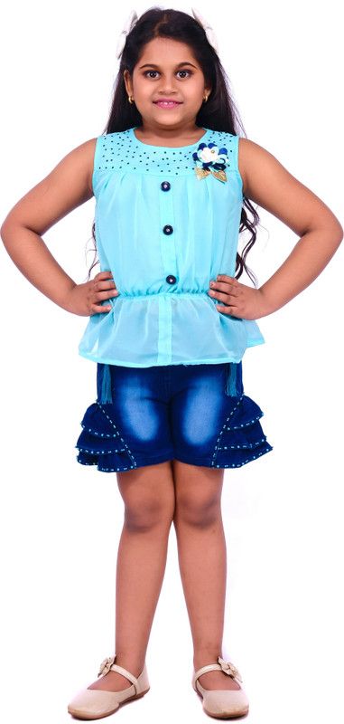 Girls Party(Festive) Top Shorts  (Light Green)