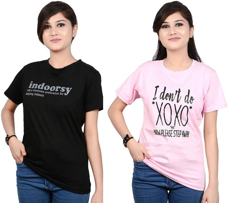 Pack of 2 PLANE Women Printed Round Neck Cotton Blend Multicolor T-Shirt