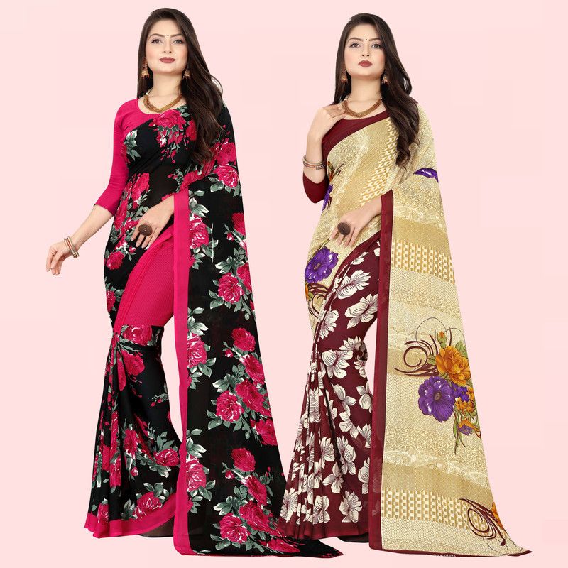 Floral Print Daily Wear Georgette Saree  (Pack of 2, Brown, Pink, Black, Beige)