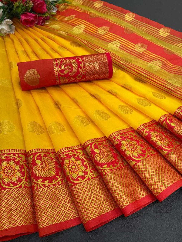 Woven Maheshwari Jacquard, Pure Silk Saree  (Yellow)