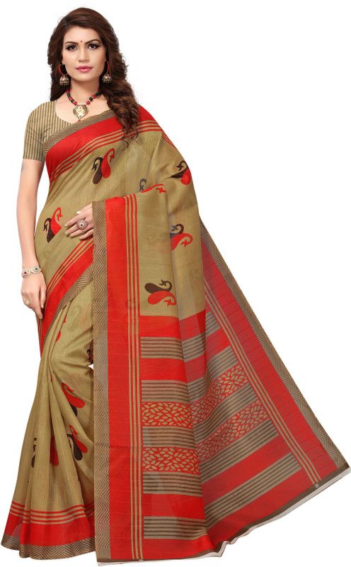 Paisley Bhagalpuri Silk Blend Saree  (Beige)