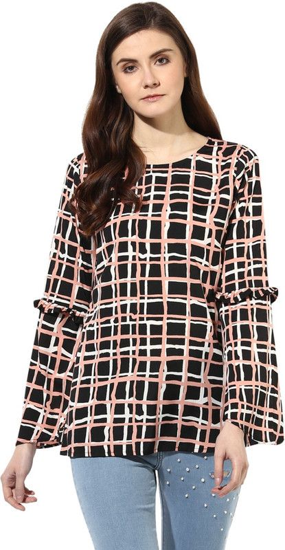 Party Bell Sleeves Checkered Women Multicolor Top