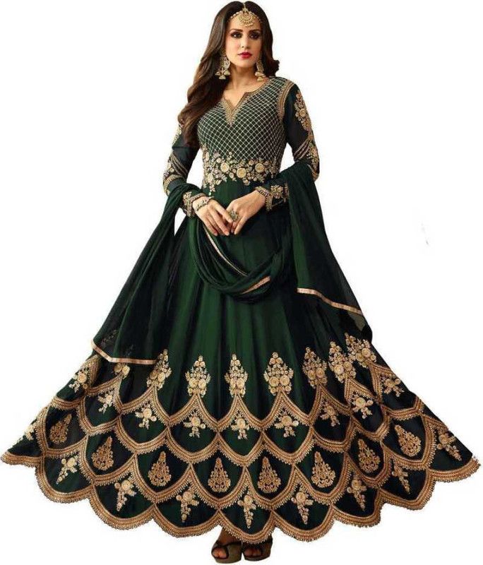 Art Silk Semi Stitched Anarkali Gown  (Green)