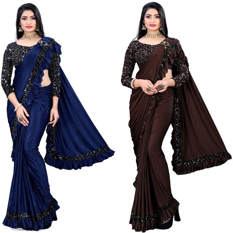 Woven, Embellished, Solid/Plain Bollywood Lycra Blend Saree  (Pack of 2, Multicolor)