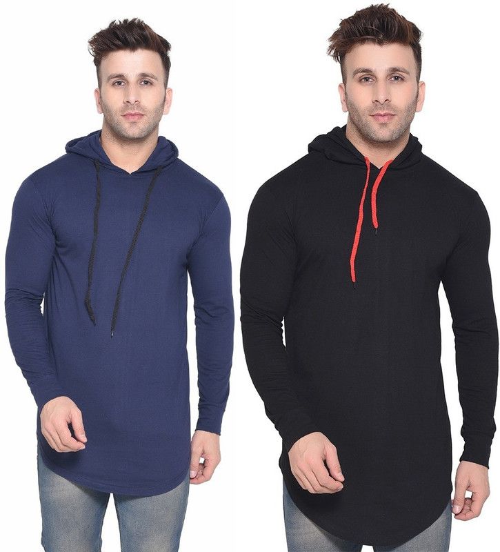 Pack of 2 Men Solid Hooded Neck Cotton Blend Dark Blue, Black T-Shirt