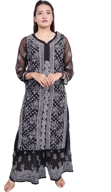 Women Embroidered Georgette Straight Kurta  (Black)