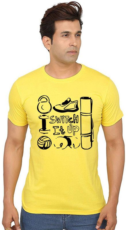 Switch It Up Men Printed Round Neck Pure Cotton Yellow T-Shirt