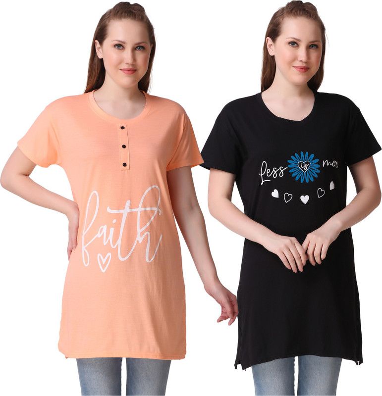 Women Night Dress  (Orange, Black)
