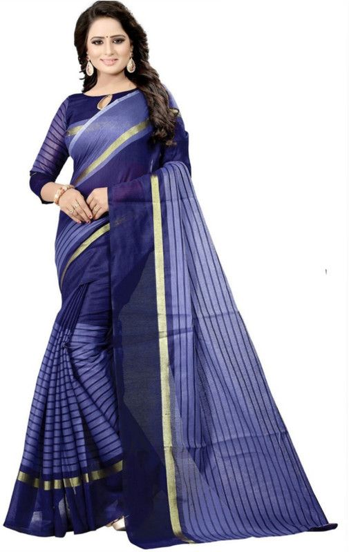 Striped Banarasi Cotton Silk Saree  (Dark Blue)