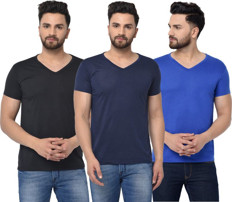 Pack of 3 V Neck T-Shirt Combo of 3 Men Solid V Neck Cotton Blend Dark Blue, Blue, Black T-Shirt