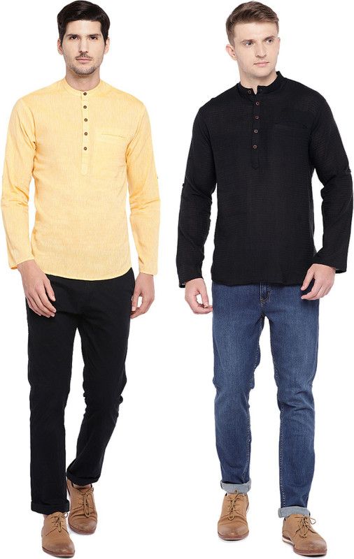 Pack of 2 Men Self Design Pure Cotton Straight Kurta  (Black, Yellow)