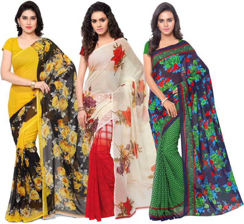 Floral Print Daily Wear Georgette Saree  (Pack of 3, Green, Beige, Yellow)