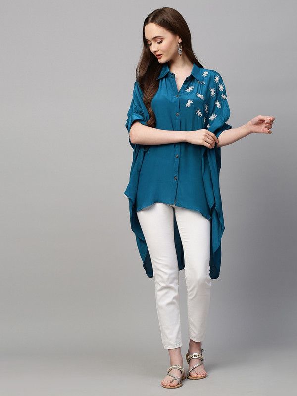 Casual Puff Sleeves Embroidered Women Blue Top
