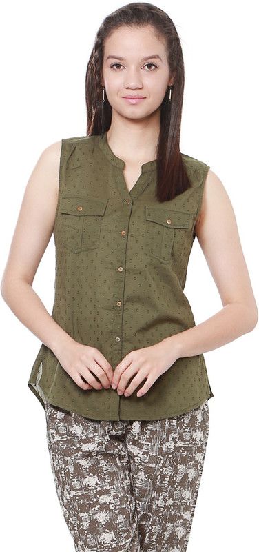 Casual Sleeveless Self Design Women Dark Green Top