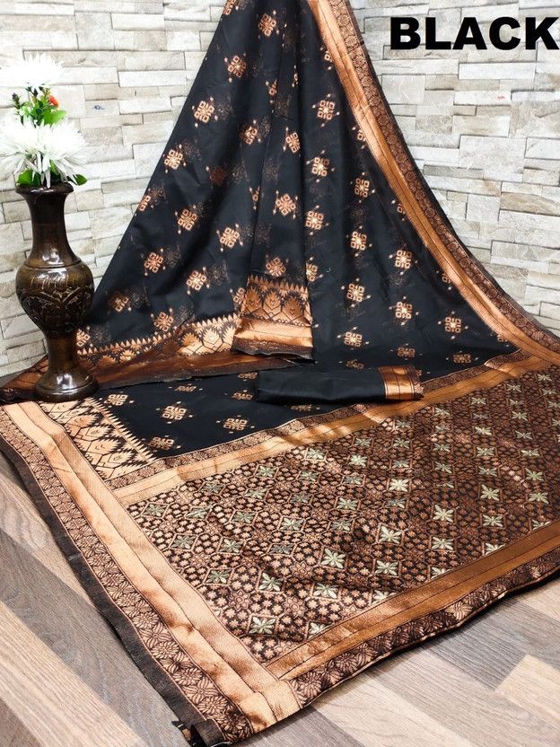 Woven Banarasi Pure Cotton Saree  (Black)