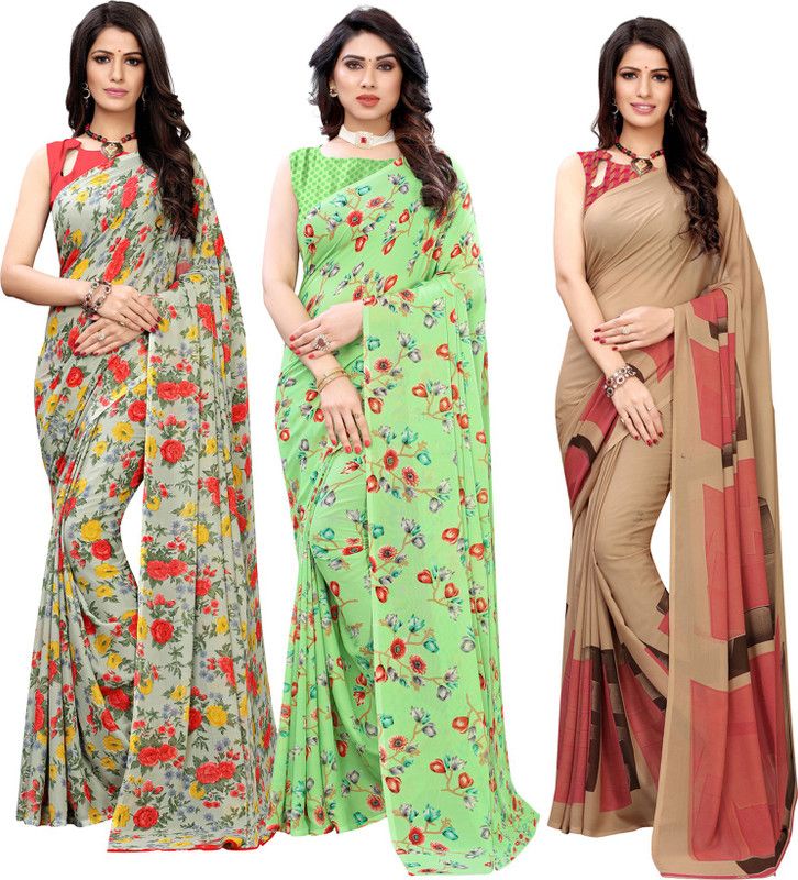 Printed, Floral Print Bollywood Georgette Saree  (Pack of 3, Green, Beige)