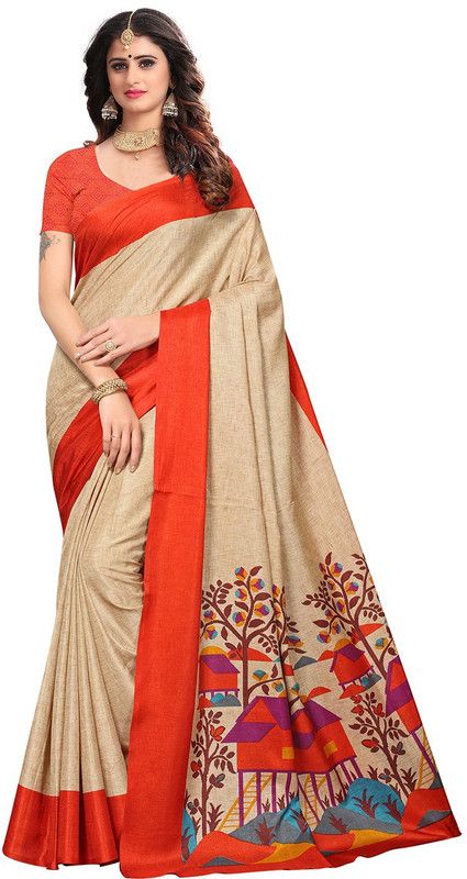 Printed Bollywood Pure Silk Saree  (Orange, Beige)
