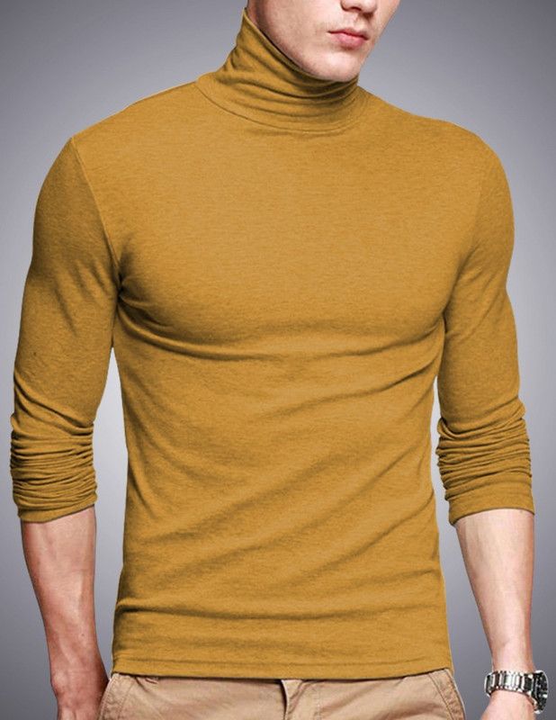 Men Solid High Neck Cotton Blend Yellow T-Shirt
