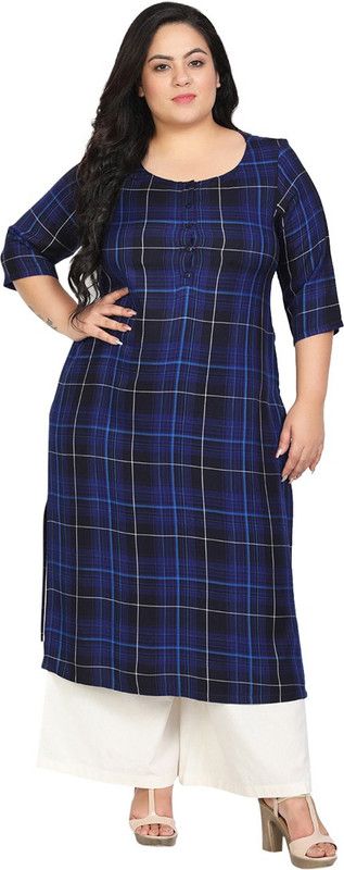 Women Checkered Cotton Rayon Straight Kurta  (Dark Blue)