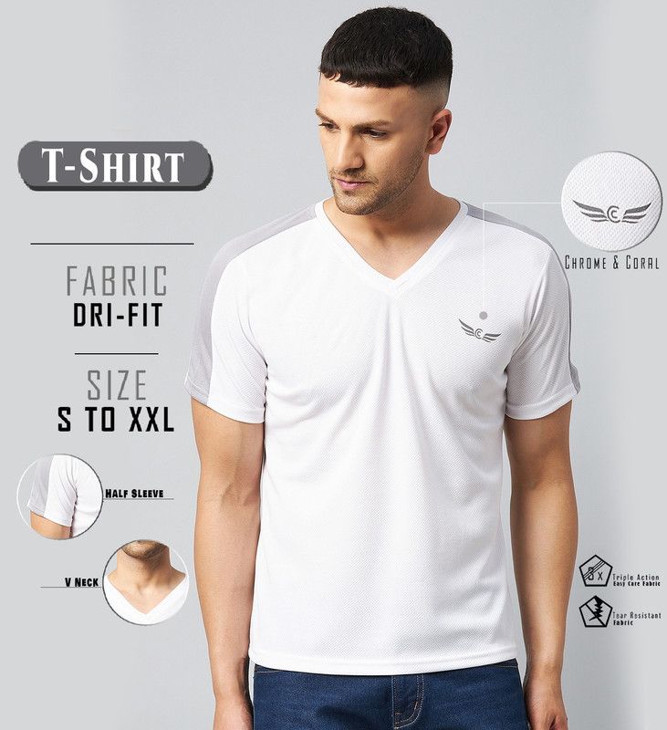 Men Colorblock V Neck Polyester White T-Shirt