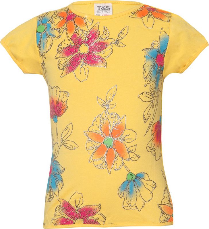 Girls Floral Print Cotton Blend T Shirt  (Yellow, Pack of 1)