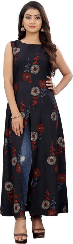 Women Floral Print Crepe Frontslit Kurta  (Black)