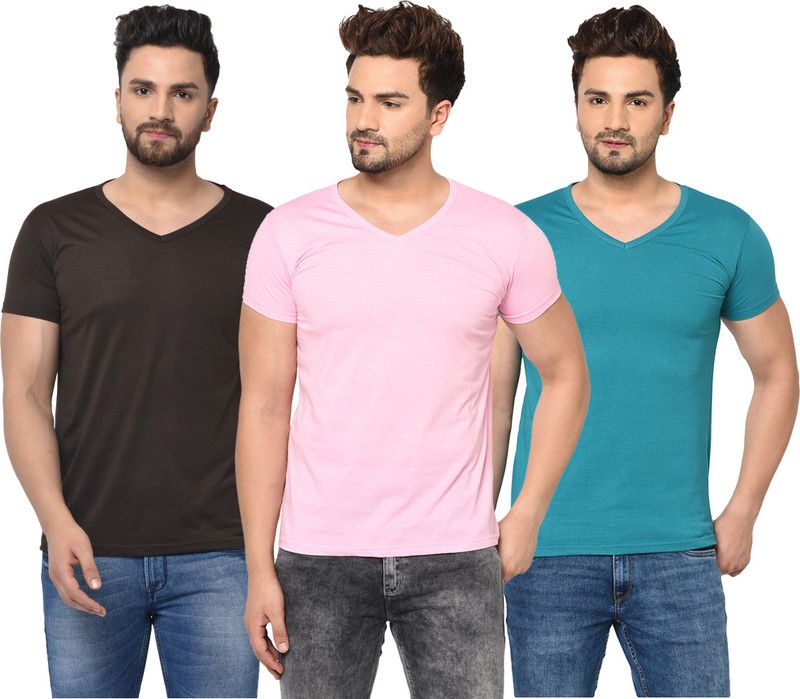 Pack of 3 V neck Combo T-shirts Men Solid V Neck Cotton Blend Light Blue, Brown, Pink T-Shirt
