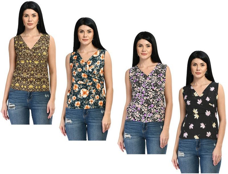 Pack of 4 Casual Sleeveless Floral Print Women Purple, Black, Yellow Top